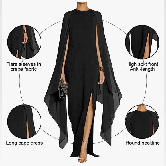 NWT DOSE black maxi formal dress with long flare chiffon sleeve(cape) size M. - Picture 4 of 12